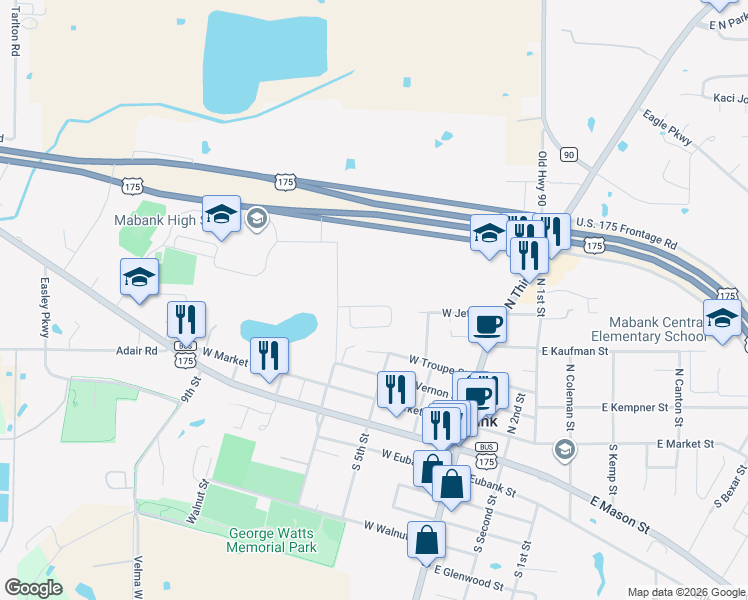 map of restaurants, bars, coffee shops, grocery stores, and more near 304 West Jeter Street in Mabank