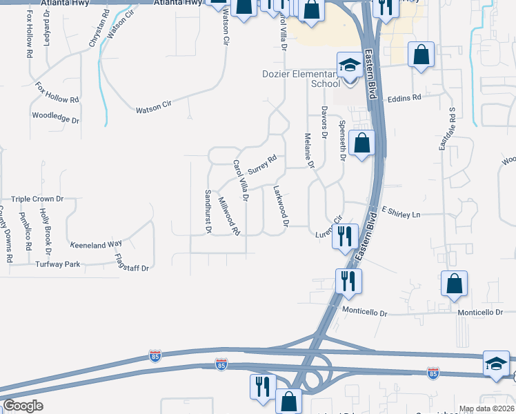 map of restaurants, bars, coffee shops, grocery stores, and more near 621 Carol Villa Dr in Montgomery