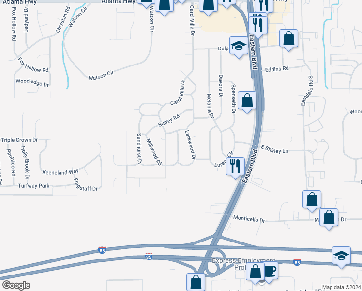 map of restaurants, bars, coffee shops, grocery stores, and more near 5348 Millwood Road in Montgomery