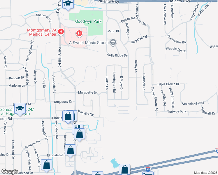 map of restaurants, bars, coffee shops, grocery stores, and more near 547 Larkin Lane in Montgomery