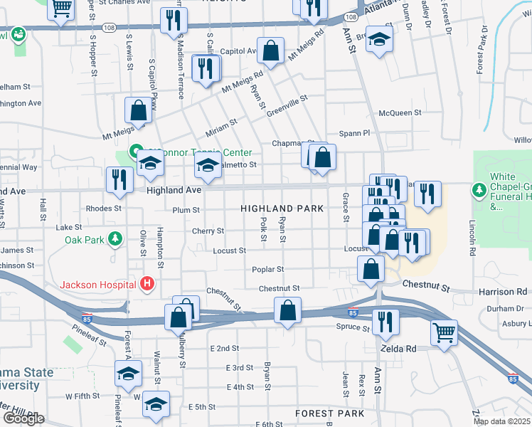 map of restaurants, bars, coffee shops, grocery stores, and more near 2300 Plum Street in Montgomery