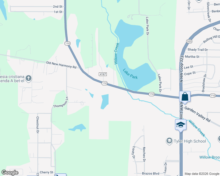 map of restaurants, bars, coffee shops, grocery stores, and more near 2640 Texas 110 in Tyler