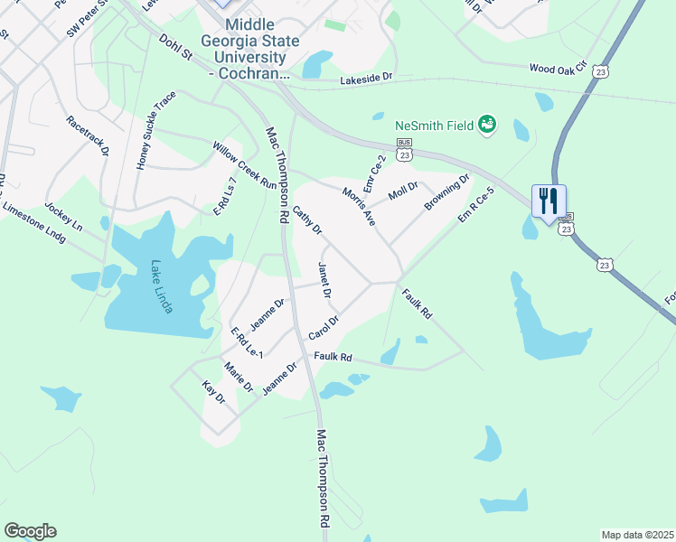 map of restaurants, bars, coffee shops, grocery stores, and more near 131 Janet Drive in Cochran