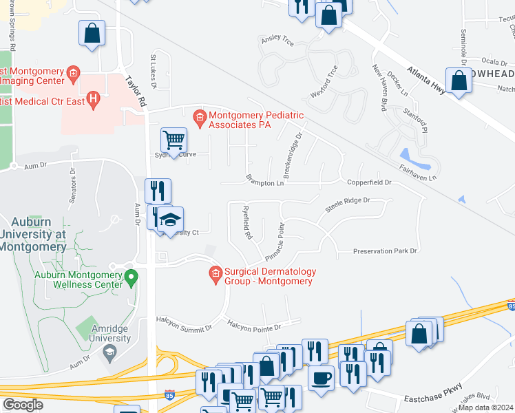map of restaurants, bars, coffee shops, grocery stores, and more near 649 Ryefield Road in Montgomery