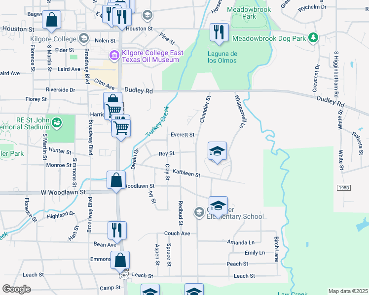map of restaurants, bars, coffee shops, grocery stores, and more near 2103 Chandler Street in Kilgore