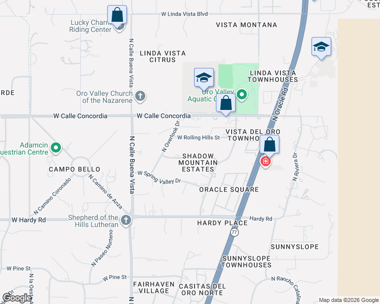 map of restaurants, bars, coffee shops, grocery stores, and more near 230 West Meadowbrook Drive in Oro Valley