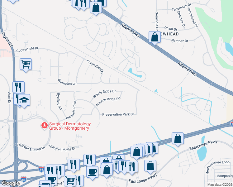 map of restaurants, bars, coffee shops, grocery stores, and more near 7755 Steele Ridge Drive in Montgomery