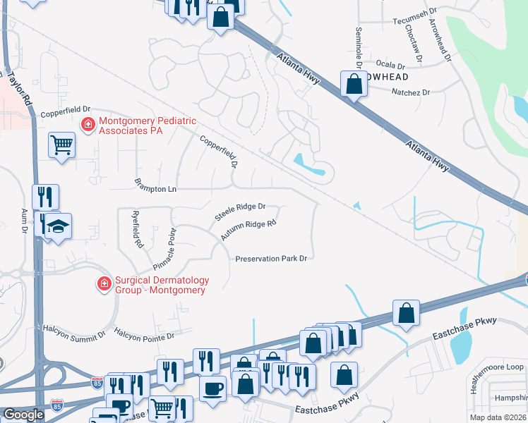 map of restaurants, bars, coffee shops, grocery stores, and more near 7755 Steele Ridge Drive in Montgomery