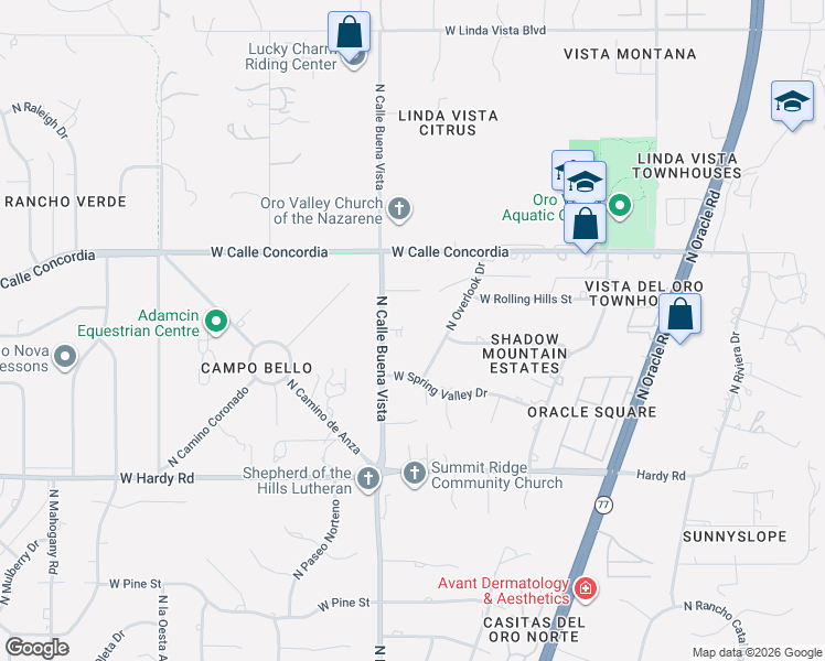 map of restaurants, bars, coffee shops, grocery stores, and more near 512 West Meadowbrook Place in Oro Valley