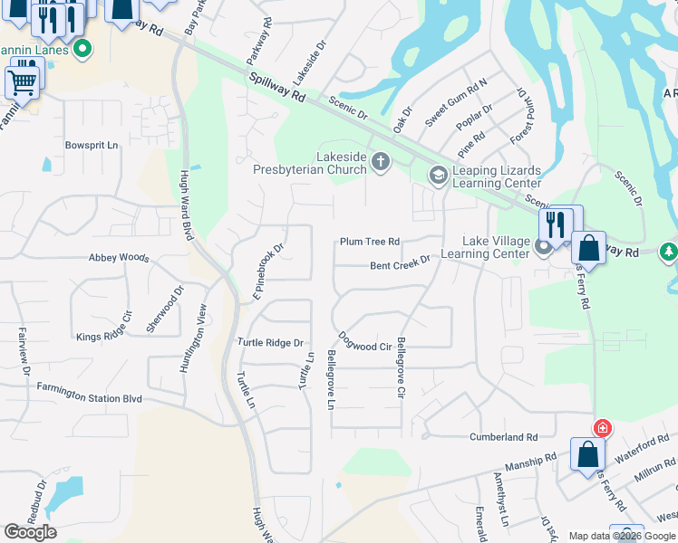 map of restaurants, bars, coffee shops, grocery stores, and more near 141 Plum Tree Road in Brandon