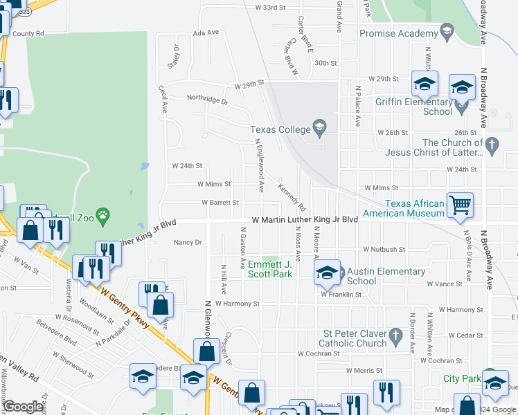 map of restaurants, bars, coffee shops, grocery stores, and more near 1400 West Barrett Street in Tyler
