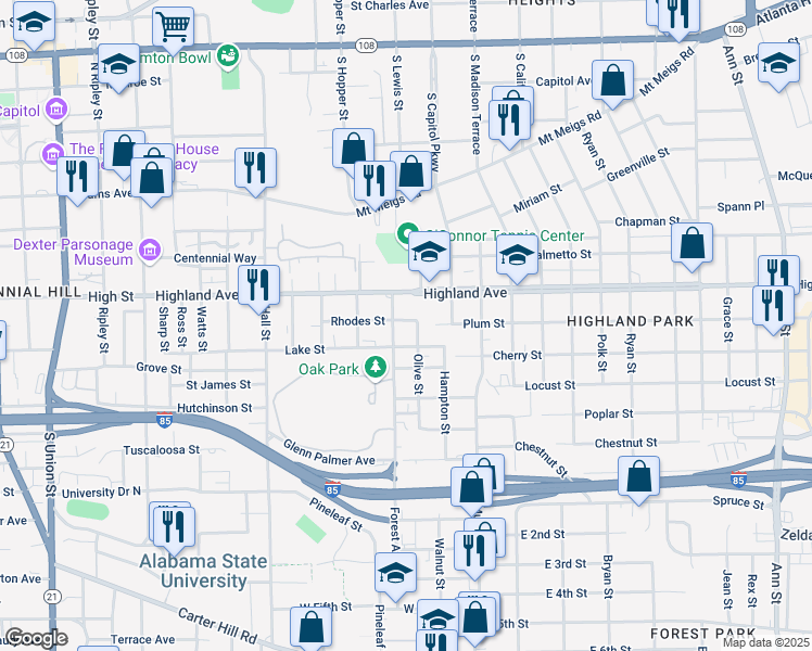 map of restaurants, bars, coffee shops, grocery stores, and more near 1724 Rhodes Street in Montgomery