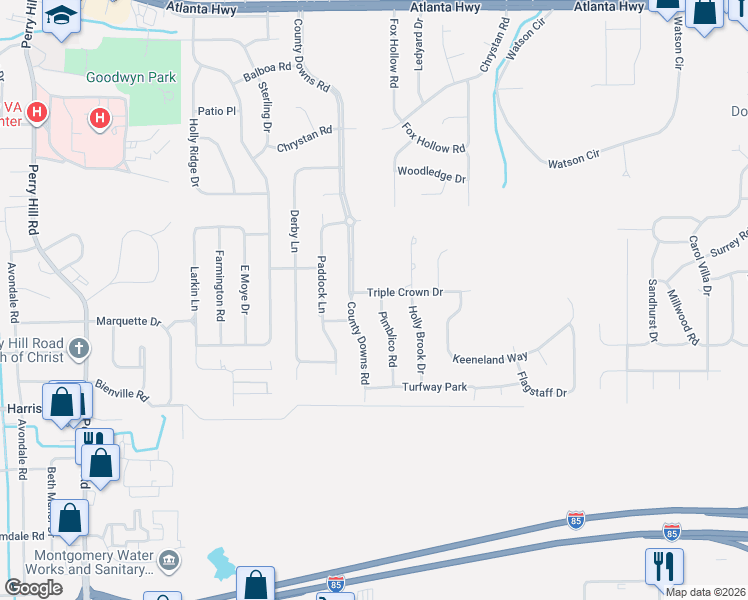 map of restaurants, bars, coffee shops, grocery stores, and more near 4607 Triple Crown Drive in Montgomery