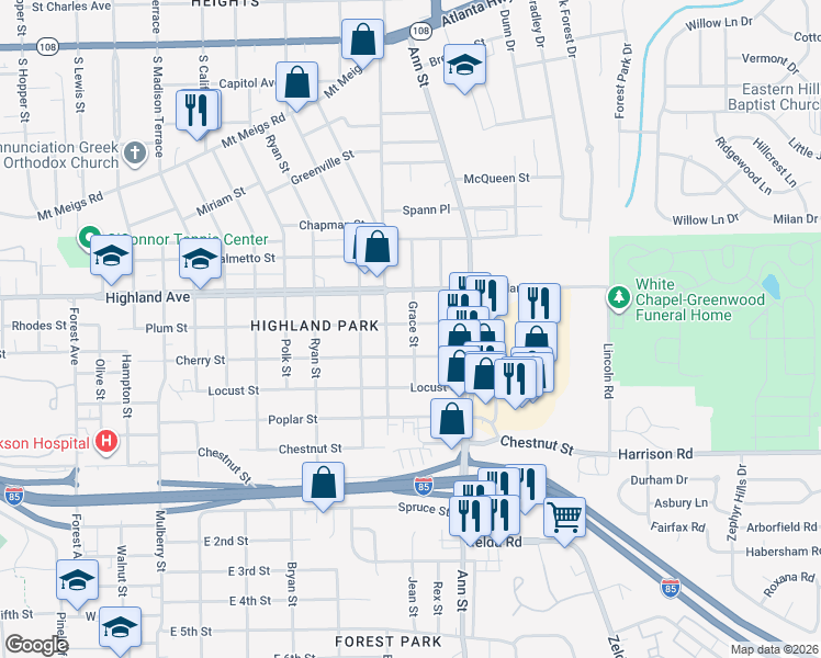 map of restaurants, bars, coffee shops, grocery stores, and more near 2622 Plum Street in Montgomery
