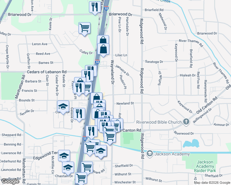 map of restaurants, bars, coffee shops, grocery stores, and more near 5232 Wayneland Court in Jackson