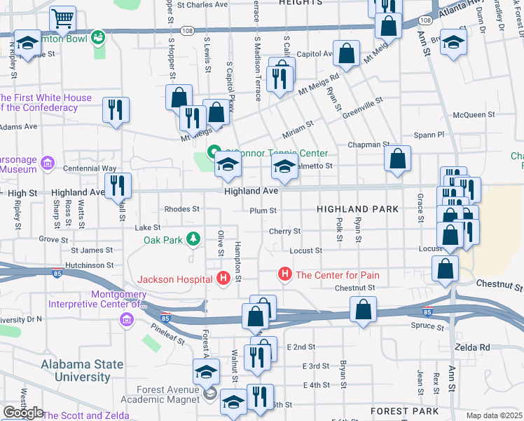 map of restaurants, bars, coffee shops, grocery stores, and more near Putnam Street in Montgomery
