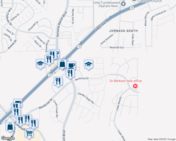 map of restaurants, bars, coffee shops, grocery stores, and more near 4201 Northrise Drive in Las Cruces