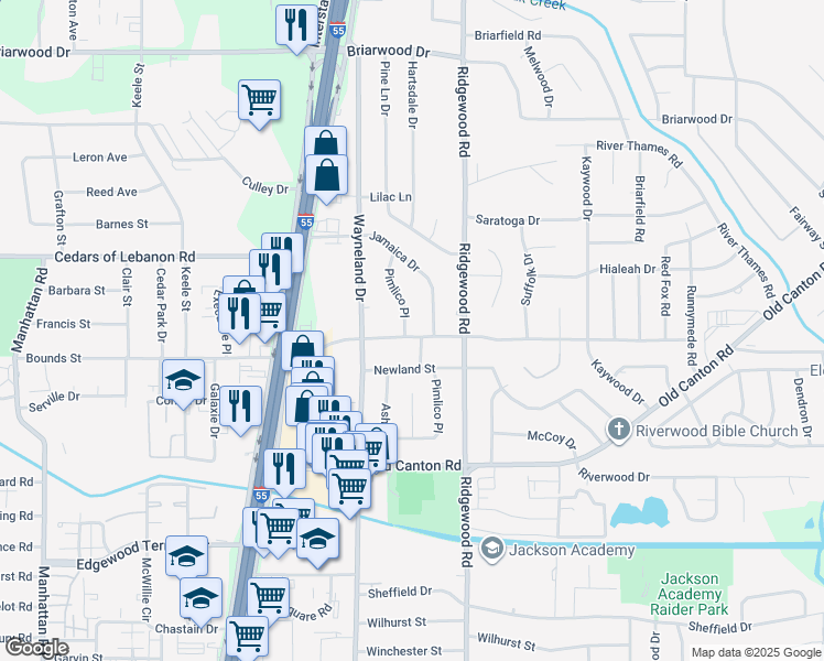 map of restaurants, bars, coffee shops, grocery stores, and more near 660 Reddoch Drive in Jackson