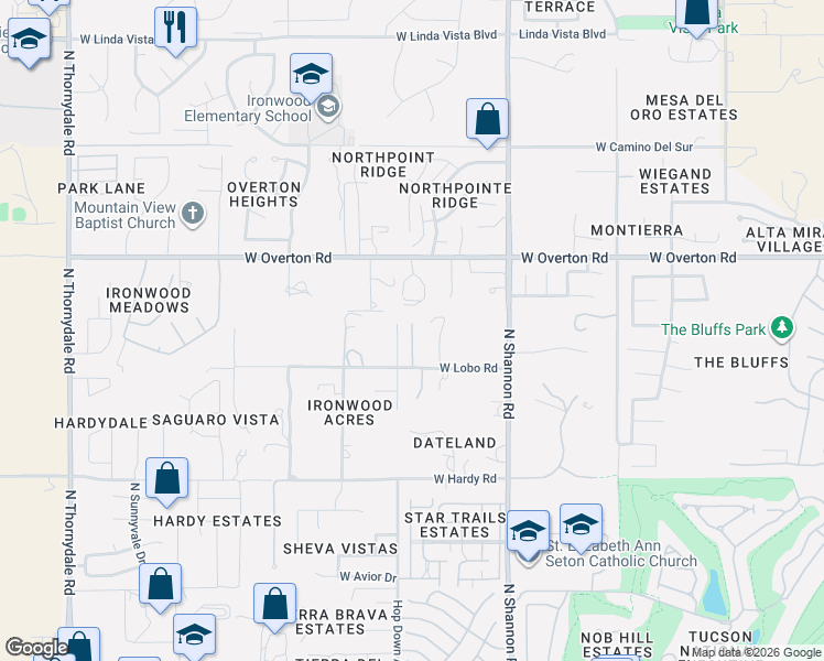 map of restaurants, bars, coffee shops, grocery stores, and more near 3120 West Lobo Road in Tucson