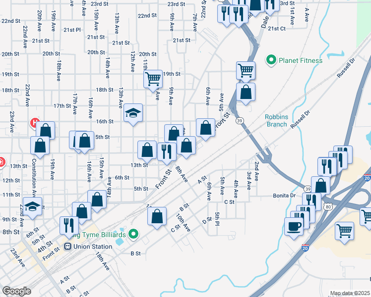 map of restaurants, bars, coffee shops, grocery stores, and more near 708 14th Street in Meridian