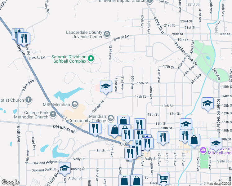 map of restaurants, bars, coffee shops, grocery stores, and more near 1401 52nd Avenue in Meridian