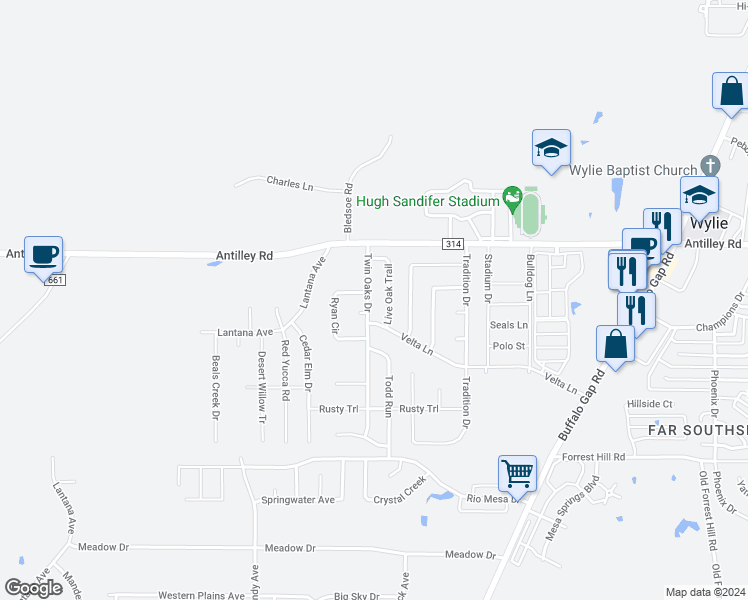 map of restaurants, bars, coffee shops, grocery stores, and more near 6309 Twin Oaks Drive in Abilene