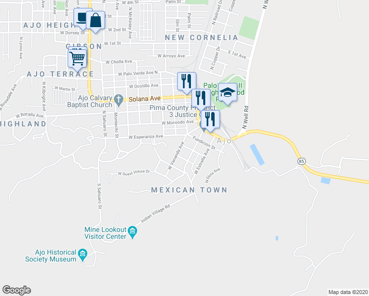 map of restaurants, bars, coffee shops, grocery stores, and more near 301 West Vananda Avenue in Ajo