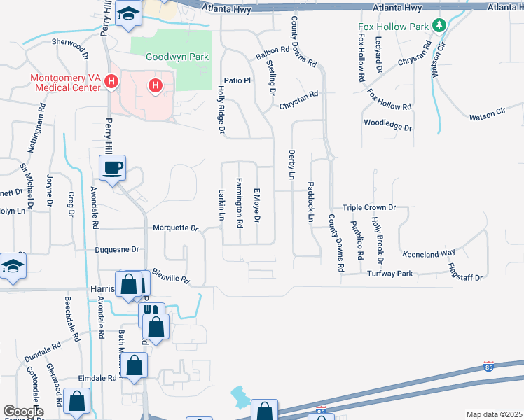 map of restaurants, bars, coffee shops, grocery stores, and more near 553 East Moye Drive in Montgomery