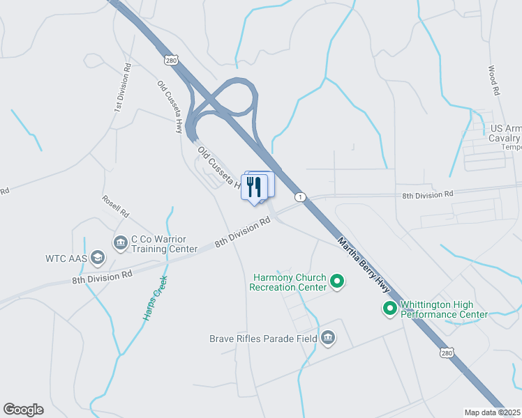 map of restaurants, bars, coffee shops, grocery stores, and more near 4218 8th Division Road in Fort Benning