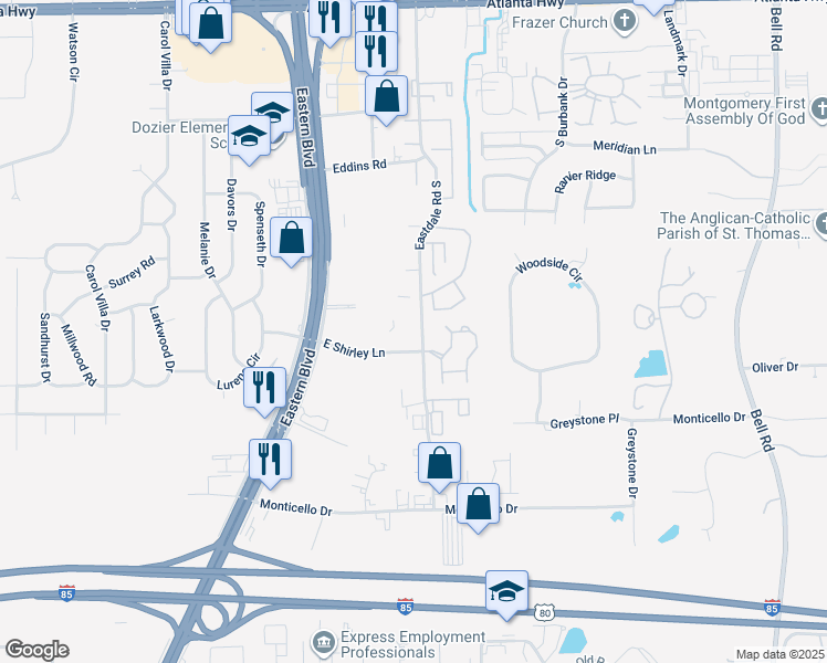 map of restaurants, bars, coffee shops, grocery stores, and more near 545 Eastdale Road South in Montgomery