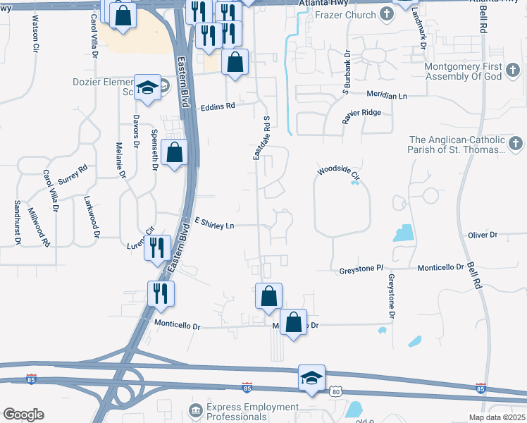 map of restaurants, bars, coffee shops, grocery stores, and more near 555 Eastdale Road South in Montgomery