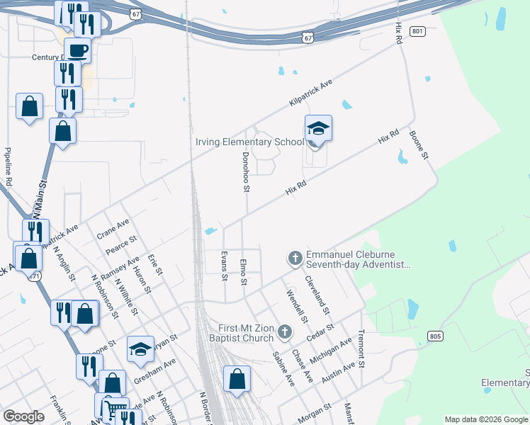 map of restaurants, bars, coffee shops, grocery stores, and more near 208 Hix Road in Cleburne