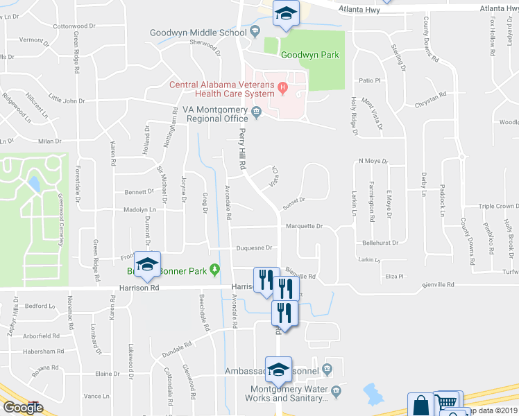 map of restaurants, bars, coffee shops, grocery stores, and more near 3831 Avondale Ct in Montgomery