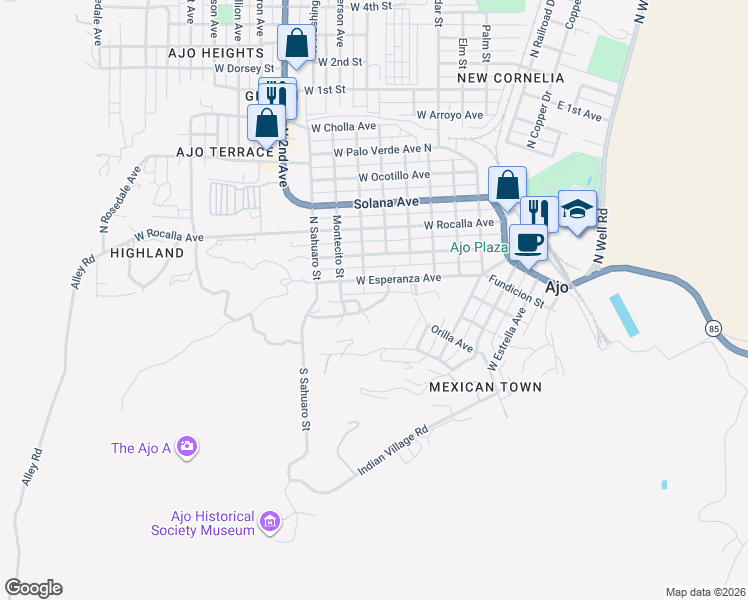 map of restaurants, bars, coffee shops, grocery stores, and more near 701 West Esperanza Avenue in Ajo