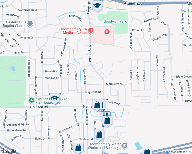 map of restaurants, bars, coffee shops, grocery stores, and more near 3831 Avondale Court in Montgomery