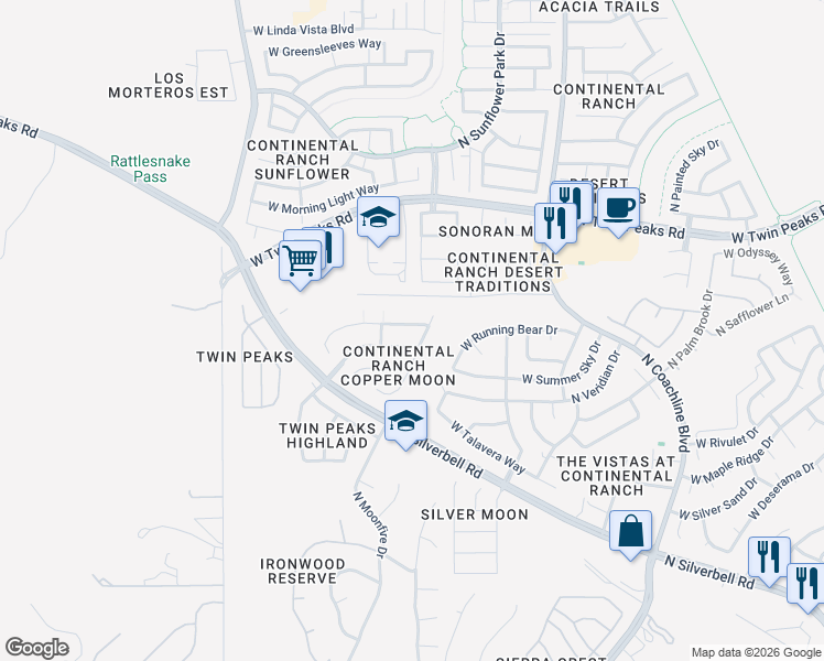 map of restaurants, bars, coffee shops, grocery stores, and more near 7857 West Mural Hill Drive in Tucson