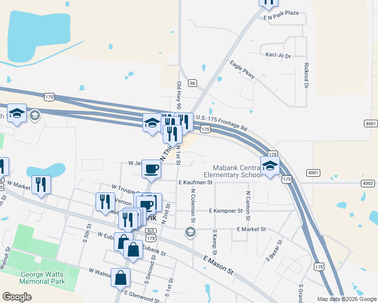 map of restaurants, bars, coffee shops, grocery stores, and more near 200 East Jack Street in Mabank