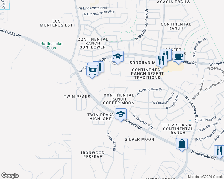 map of restaurants, bars, coffee shops, grocery stores, and more near 7890 West Mural Hill Drive in Tucson