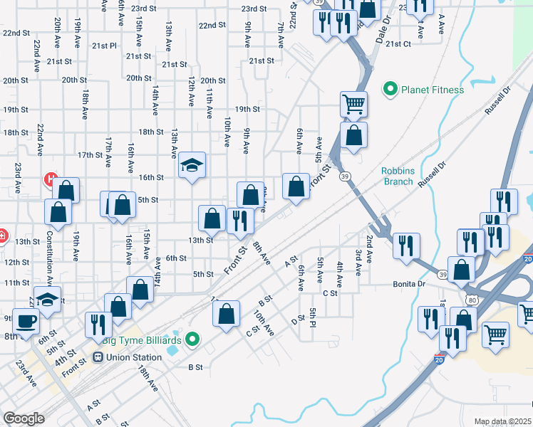 map of restaurants, bars, coffee shops, grocery stores, and more near 708 14th Street in Meridian