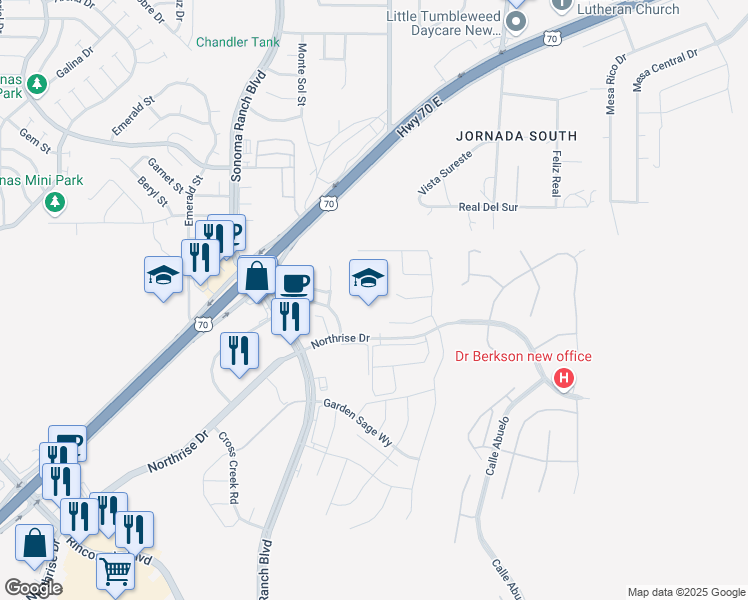 map of restaurants, bars, coffee shops, grocery stores, and more near 4201 Northrise Drive in Las Cruces
