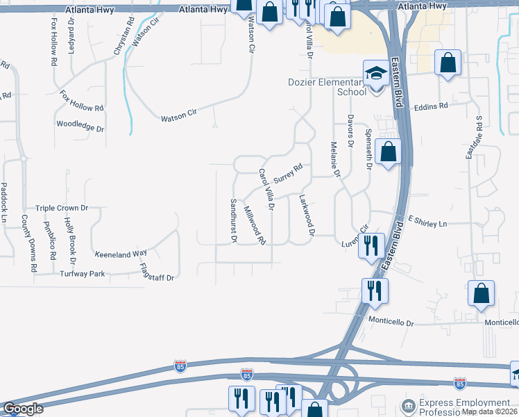 map of restaurants, bars, coffee shops, grocery stores, and more near 5205-5215 Millwood Road in Montgomery