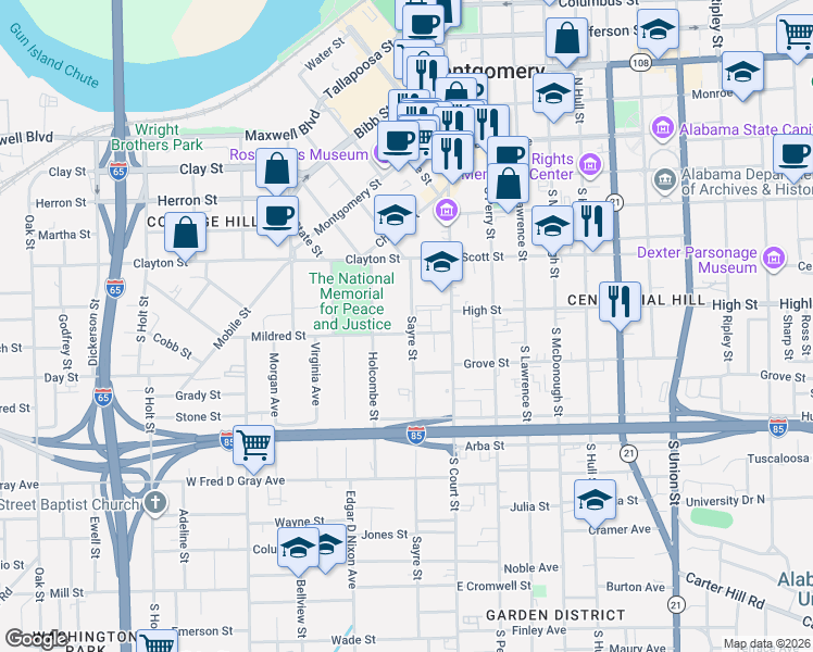 map of restaurants, bars, coffee shops, grocery stores, and more near 474 S Court St in Montgomery