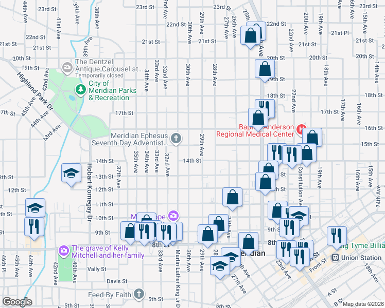 map of restaurants, bars, coffee shops, grocery stores, and more near 1420 30th Avenue in Meridian