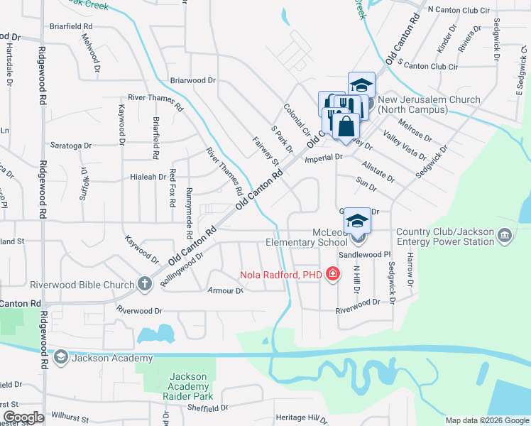 map of restaurants, bars, coffee shops, grocery stores, and more near 5546 Meadow Oaks Park Drive in Jackson