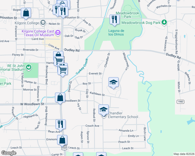 map of restaurants, bars, coffee shops, grocery stores, and more near 2103 Chandler Street in Kilgore