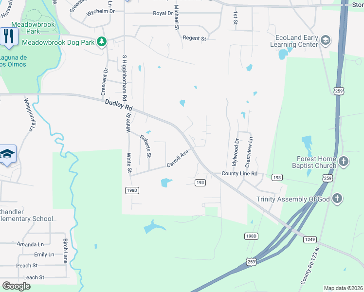 map of restaurants, bars, coffee shops, grocery stores, and more near 3108 Dudley Road in Kilgore