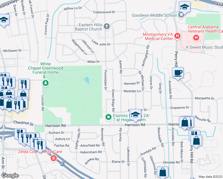 map of restaurants, bars, coffee shops, grocery stores, and more near 775 Forestdale Drive in Montgomery