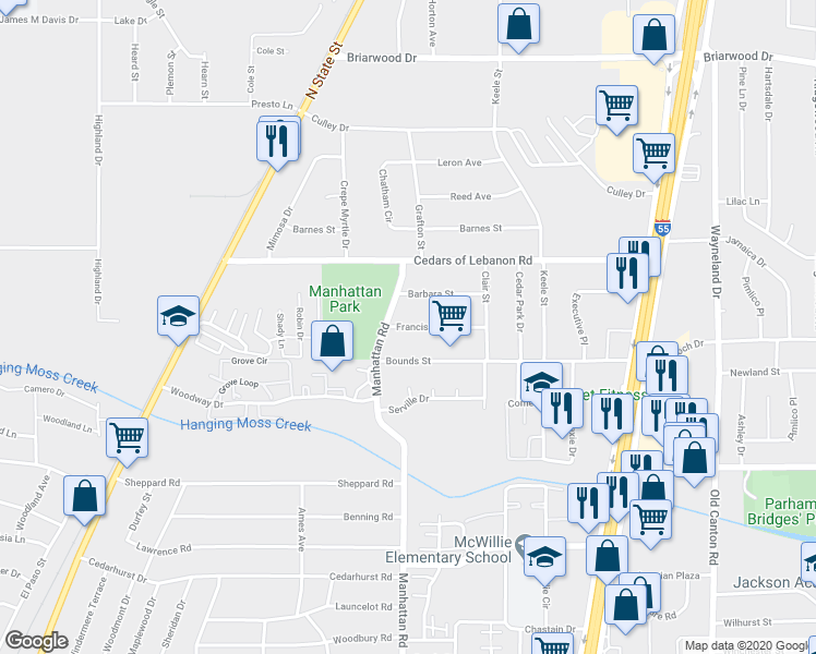 map of restaurants, bars, coffee shops, grocery stores, and more near 319 Francis Street in Jackson
