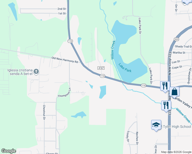 map of restaurants, bars, coffee shops, grocery stores, and more near 2881 Texas 110 in Tyler