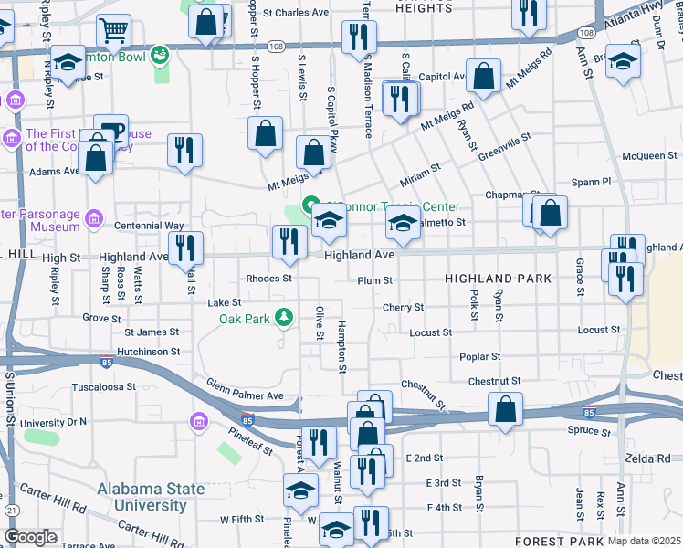 map of restaurants, bars, coffee shops, grocery stores, and more near 1765 Plum Street in Montgomery